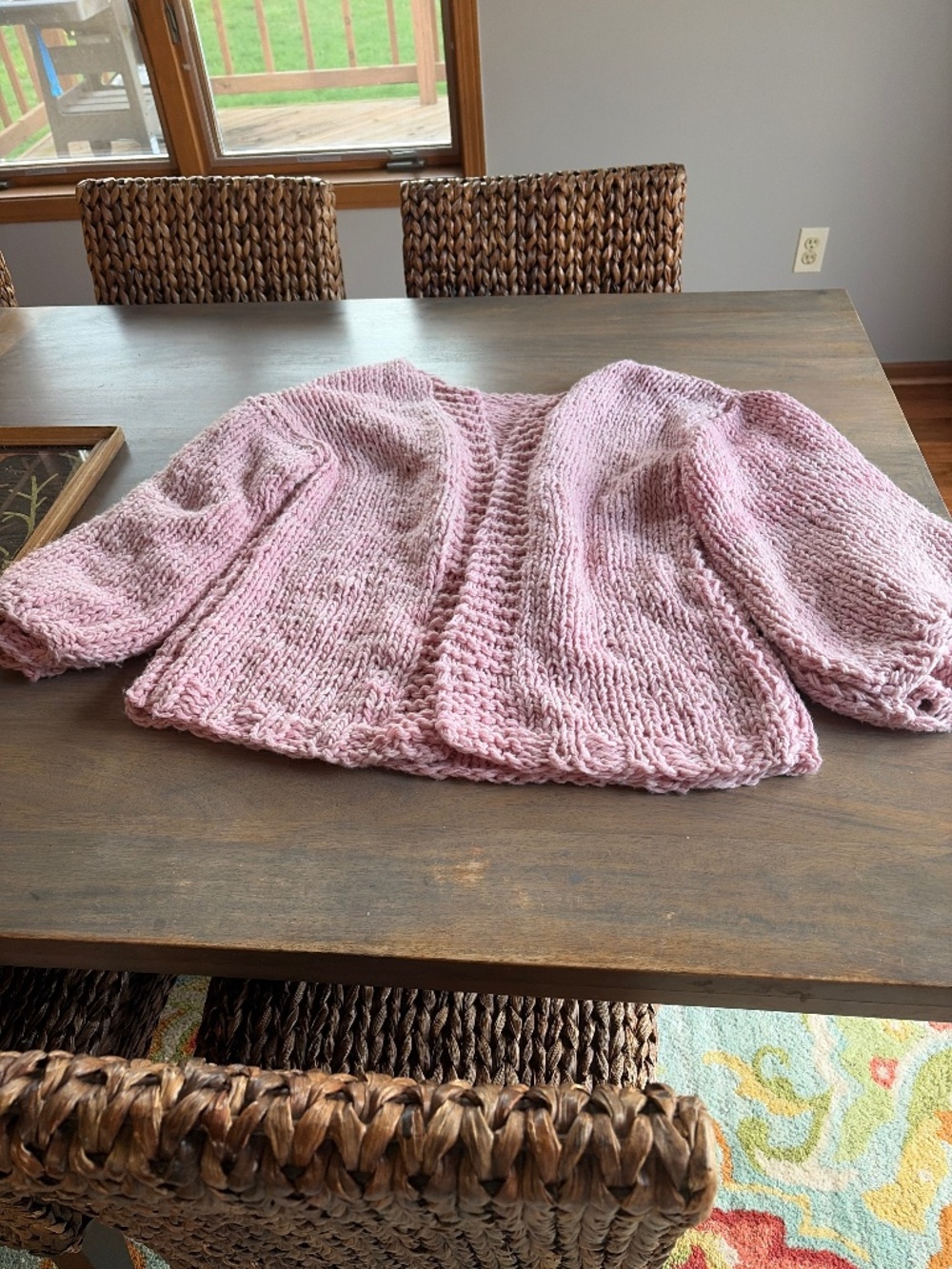 Oversized hand knit, variegated, pink cardigan o/s